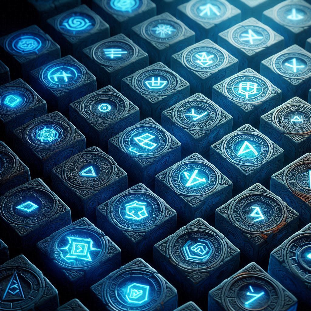  руны в стиле фэнтези, в синем сиянии, квадратные или шестиугольные, формат 1х1.jpg